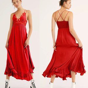 Free People FP One Adella Maxi Slip Dress Red Lace Top Strappy Dress Size XS